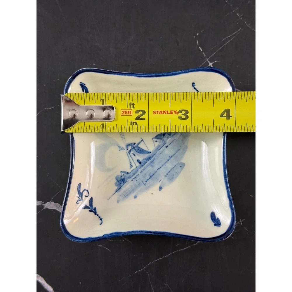 Vintage Delft Blue Ceramic Diamond Shaped 4in Trinket Dish Ashtray Windmill